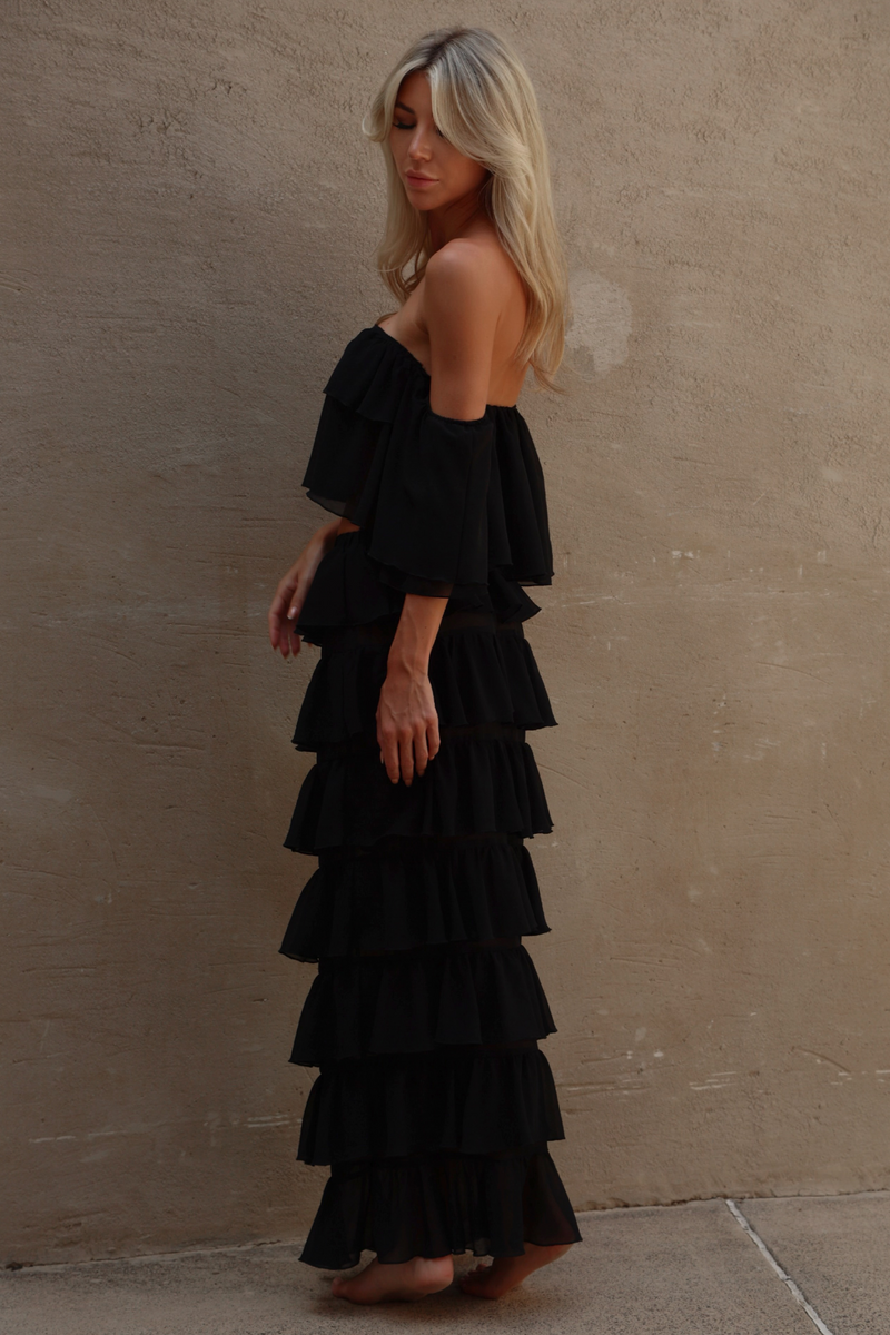 'Black' Chiffon Ruffle Off-The-Shoulder Top & Skirt Set