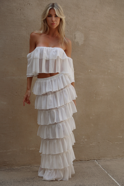 'White' Chiffon Ruffle Off-The-Shoulder Top & Skirt Set