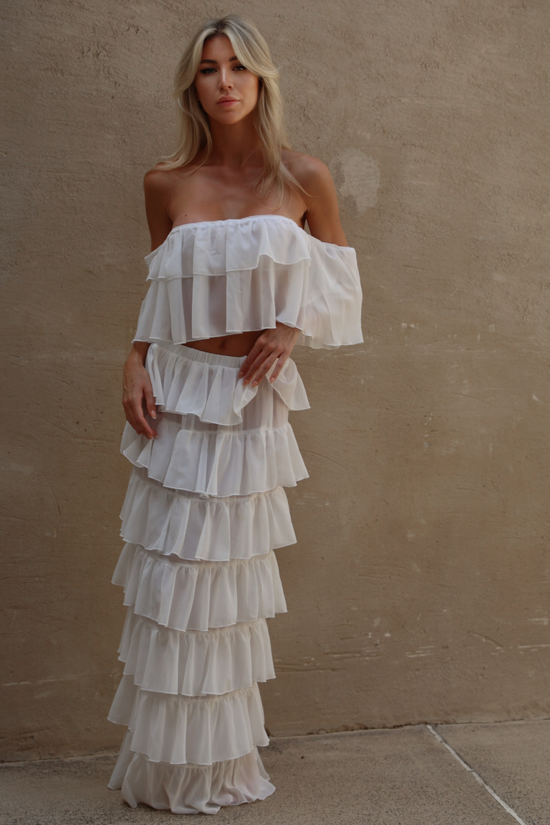 'White' Chiffon Ruffle Off-The-Shoulder Top & Skirt Set