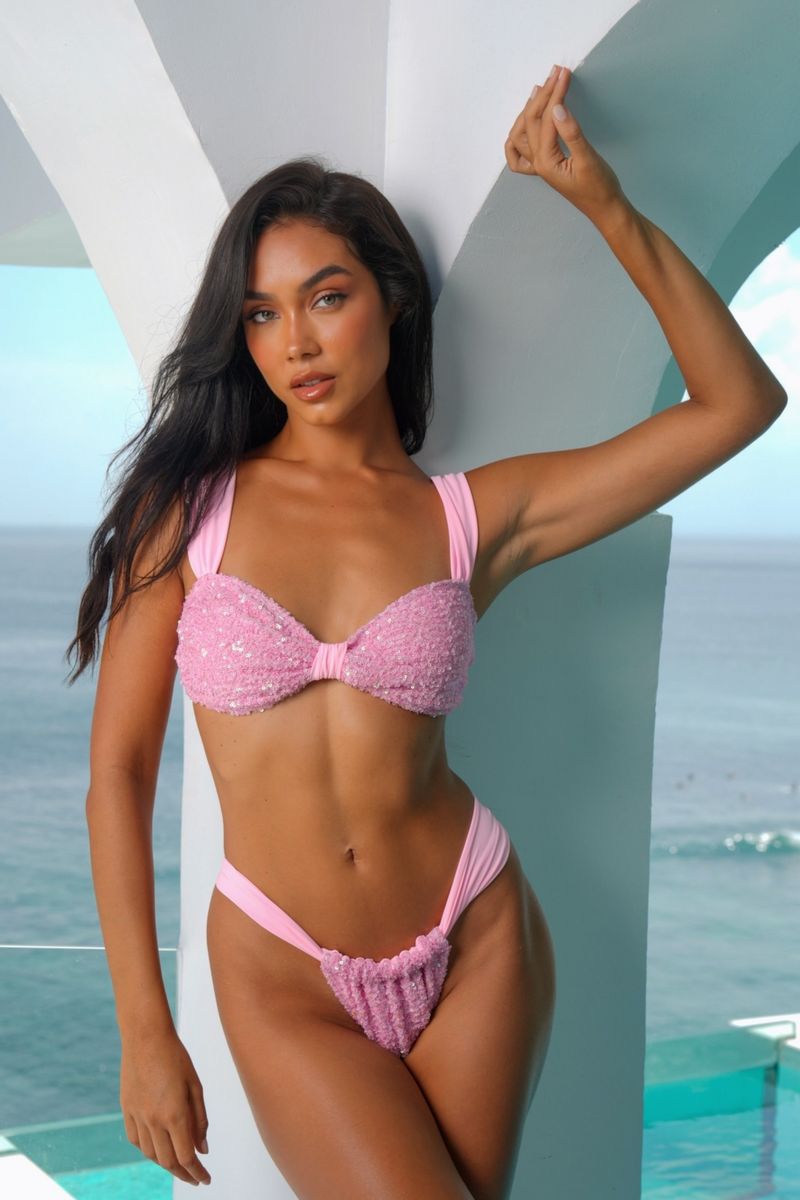 'Serena' Baby Pink Sequin Ruched Fixed Bikini Bottoms